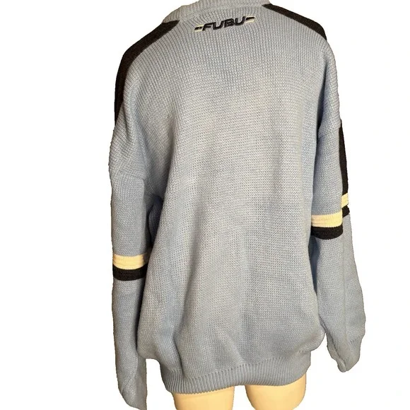 Vintage baggy y2k fubu light blue striped and embroidered mens knit sweater L - Picture 3 of 6